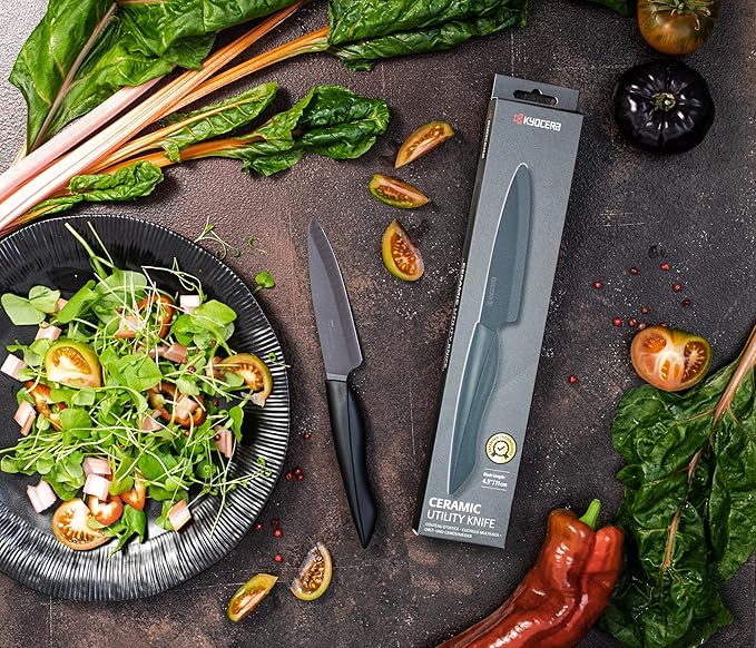 Kyocera Innovation Series Ceramic 4.5" Utility Knife with Soft Touch Ergonomic Handle, Black Blade, Black Handle